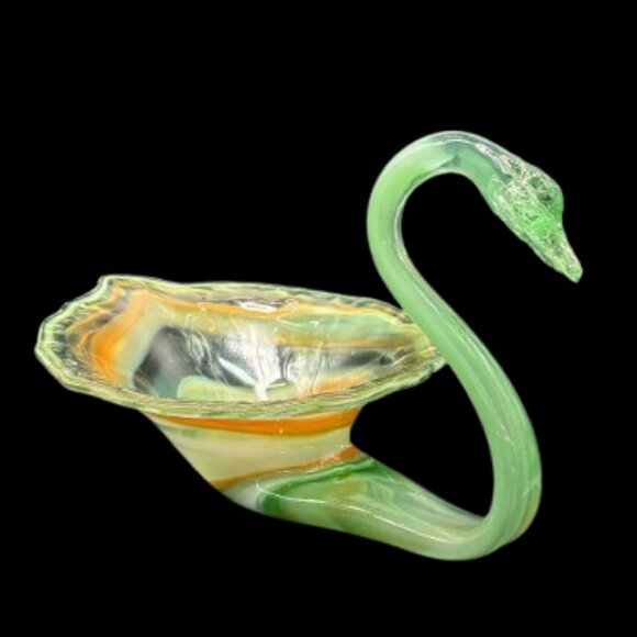 Vintage 1960's Hand-Blown Art Glass Large Swan Green Candy Trinket Dish 12.5" - Picture 5 of 8